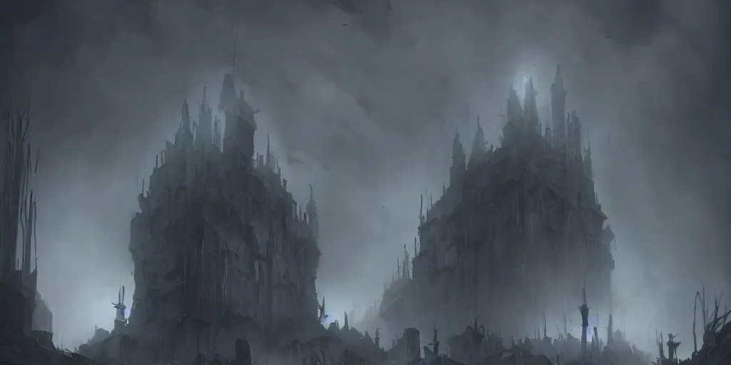 Prompt: grimdark fantasy fortress, terrifying, looming, dark, fog, artstation