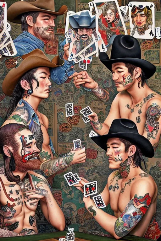 Image similar to full view, from a distance, of cowboys with tattoos, in the saloon playing card games, style of yoshii chie and hikari shimoda and martine johanna, highly detailed