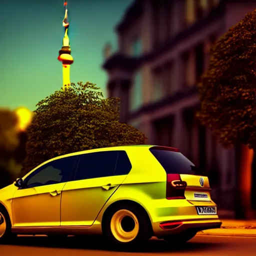 Image similar to a car parked Volkswagon Golk at side of road, Berlin City, city sunset, cinematic color, photorealistic, highly detailed, bokeh, DOF, octane render