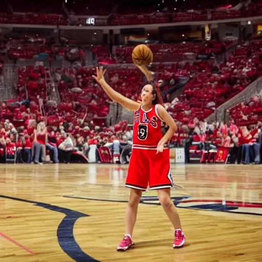 Image similar to woman plying basketball on court in a chicago bulls jersey at the united center