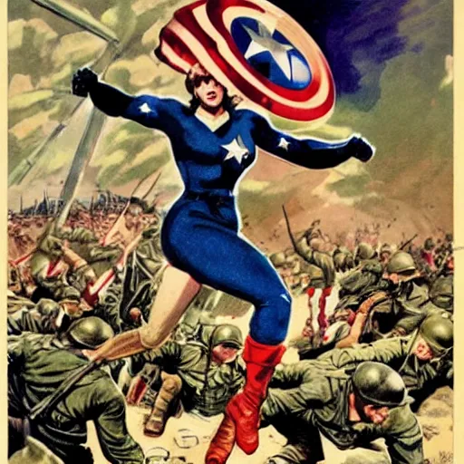 Image similar to female captain america standing on a pile of defeated german soldiers. wwii american propaganda poster by james gurney