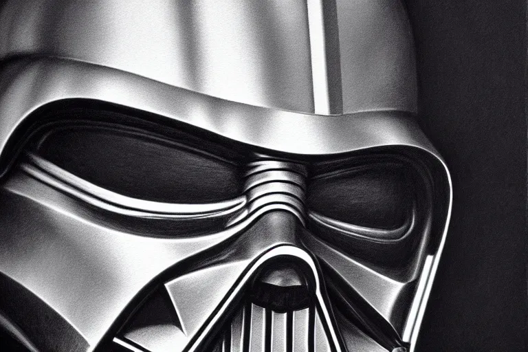 Prompt: darth vader helmet close up, pencil drawing, chiaroscuro, high detail, perfect artwork, clean lines