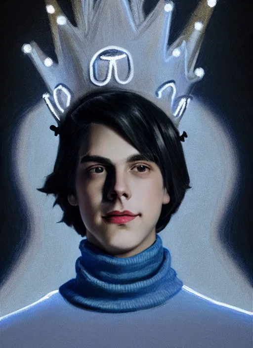 Image similar to portrait of teenage jughead jones wearing a light grey crown, crown, blue turtleneck, 1 9 5 0 s, closed eyes, photorealistic, black hair, glowing lighting, intricate, elegant, glowing lights, highly detailed, digital painting, artstation, concept art, smooth, sharp focus, illustration, art by wlop, mars ravelo and greg rutkowski