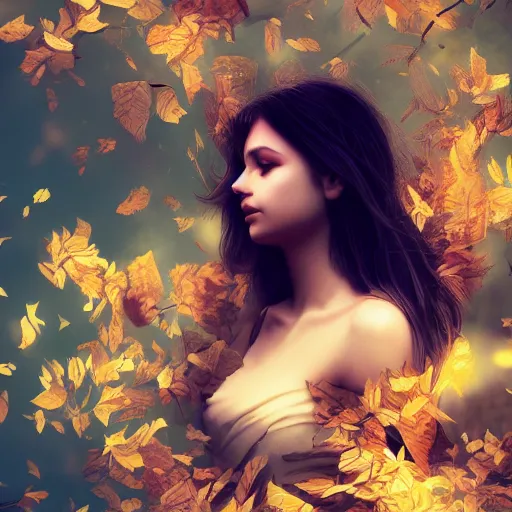 Image similar to a highly detailed digital image of a young woman surrounded and engulfed in leaves, matte background, artstation, detailed woman, stunning volumetric lighting, elegant, fantasy, 4k