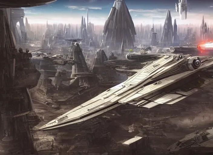 Image similar to a single large spaceship seen from the surface of a busy metropolis, star wars digital art