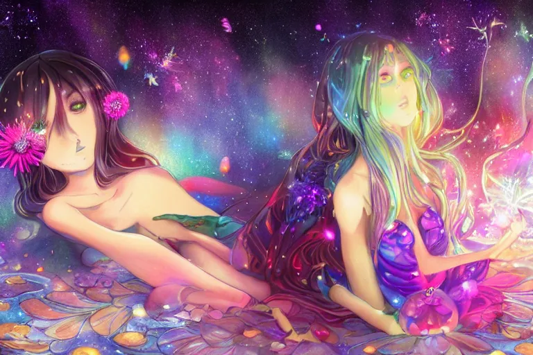 Prompt: psychedelic, whimsical, anime, 4k, beautiful seductive elf smoking weed, with professional makeup, long trippy hair, a crystal and flower dress, sitting on a reflective pool, surrounded by gems, underneath the stars, rainbow fireflies, trending on patreon, deviantart, twitter, artstation, volumetric lighting, heavy contrast, art style of Greg Rutkowski and Miho Hirano and Ross Tran