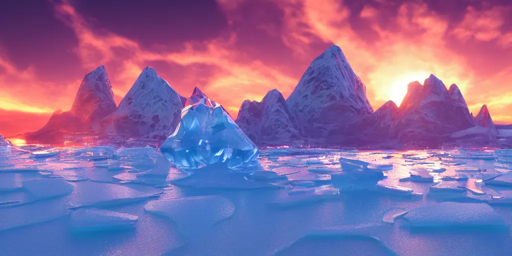 Image similar to futuristic reflective ice city, sunset glowing off a mountain in background, busy waves, ray tracing, refractive, planet in the sky, award winning, trending on artstation, digital art. highly detailed 8 k. intricate. lifelike. soft light. nikon d 8 5 0.