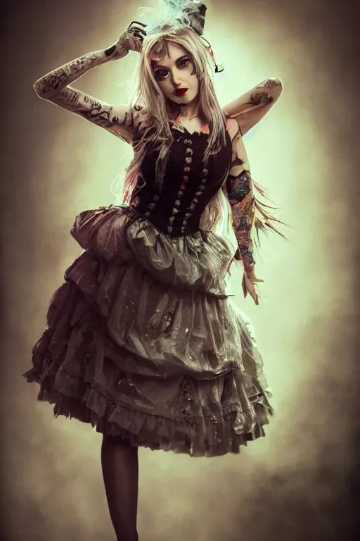 Image similar to Beautiful female, full body, Alice in wonderland, punk rock, piercings, tattoos, skirt, midriff, dramatic lighting, cinematic, establishing shot, extremely high detail, foto realistic, cinematic lighting, post processed, concept art, high details, cinematic, 8k resolution, beautiful detailed, photorealistic, digital painting, artstation, concept art, smooth, sharp focus, artstation trending, octane render, unreal engine