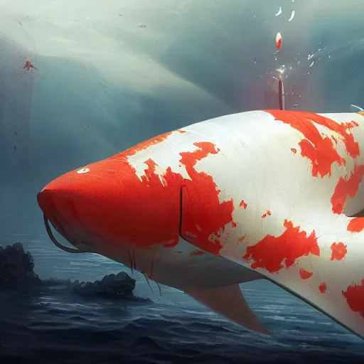 Image similar to subsurface scattering, white, giant submarine, koi colors, avoiding koi, octane render, jesper ejsing, justin gerard, james jean, tomasz alen kopera, cgsociety, fenghua zhong, makoto shinkai, highly detailed, rim light, art, cinematic lighting, very coherent, hyper realism, 8 k