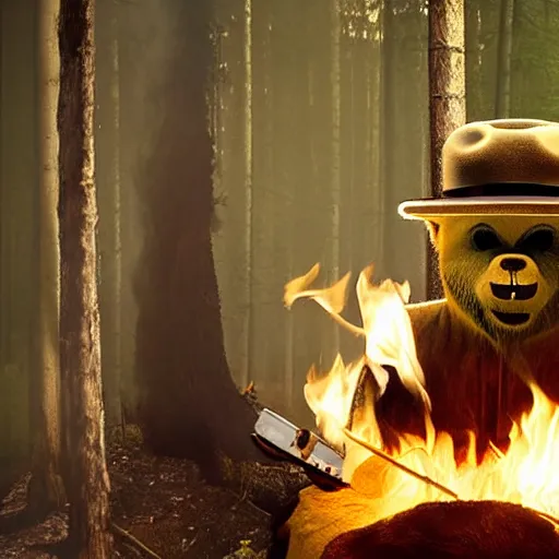 Image similar to UHD candid photo of Smokey The Bear in the lavatory sitting on a porcelain throne, playing with fire, by Annie leibowitz, photorealisitc, extremely detailed