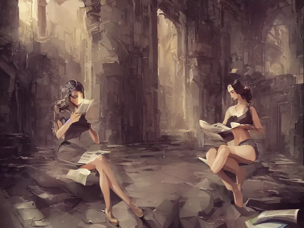 Image similar to seductive goddes reading newspaper in modern city in the style of Durand and greg rutkowski, beautiful, geometric, trending on artstation, cinematic