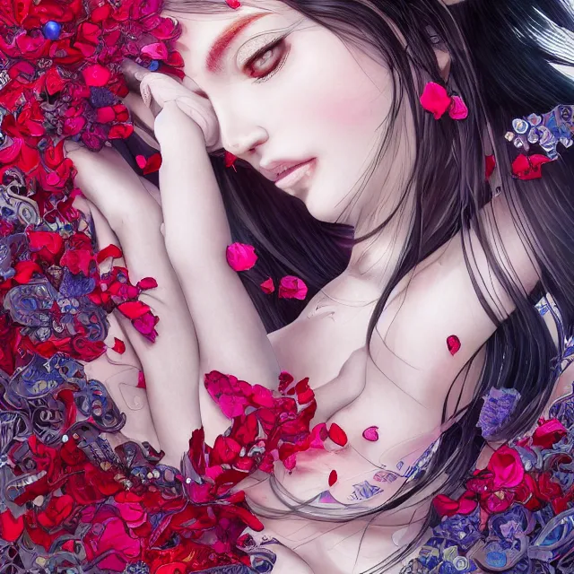 Prompt: an absurdly beautiful, elegant, young hypercolorful sensual gravure idol partially made up of rubies and red petals, ultrafine hyperrealistic detailed face illustration by kim jung gi, irakli nadar, intricate linework, sharp focus, bright colors, matte, octopath traveler, final fantasy, unreal engine highly rendered, global illumination, radiant light, intricate environment