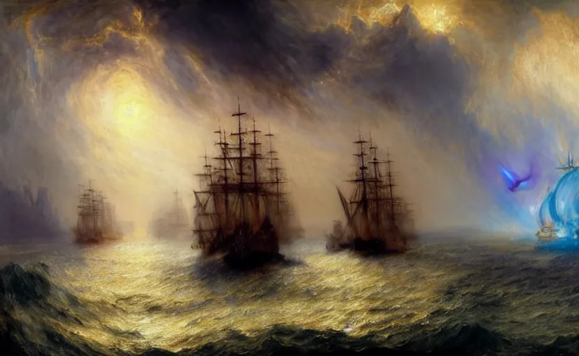 Prompt: epic naval battle, pirate galleons and tie fighters. by artstation trending, by joseph mallord william turner, luis royo, konstantin razumov, cinematic lighting, fractal flame, highly detailed