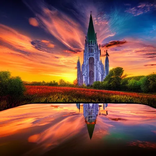 Prompt: Magic Cathedral in the clouds at sunset colorful beautiful heavenly HDR Photorealistic