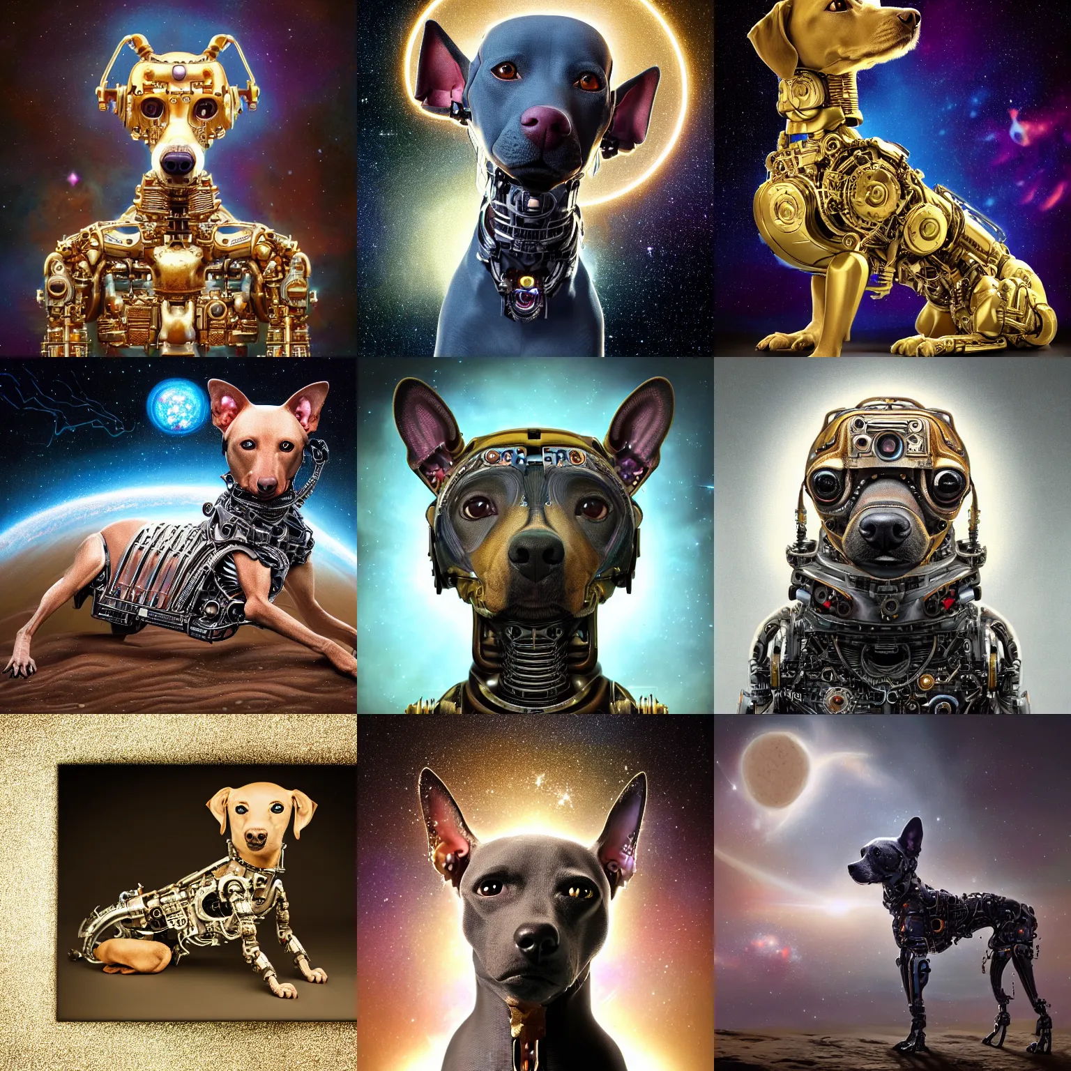 Prompt: a beautiful ultradetailed fine art photo of an ancient aztec hairless cybernetic cyborg dog set against galactic space, by tom bagshaw and anna dittman, portrait, soft backlighting, robotic arch around the dog, 5 0 mm lens, golden ratio composition, detailed faces, studio lighting, very detailed, industrial mechanical robot dogs, artstation, 8 k, highly coherent