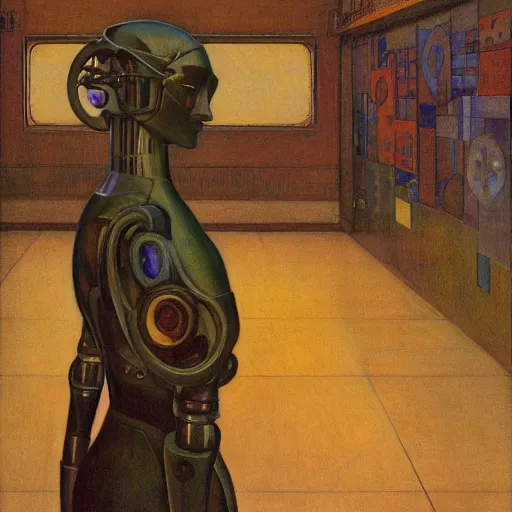 Image similar to the robot wearing her human mask, by jessie willcox smith and donato giancola and nicholas roerich, symbolist, dramatic lighting, elaborate geometric ornament, art brut, god rays, soft cool colors, smooth, sharp focus, extremely detailed