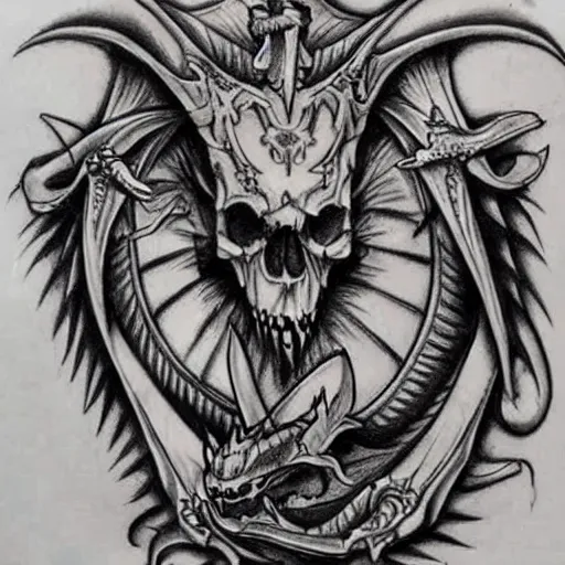 Image similar to Very detailed masterpiece tattoo sketch of Dragon with skull