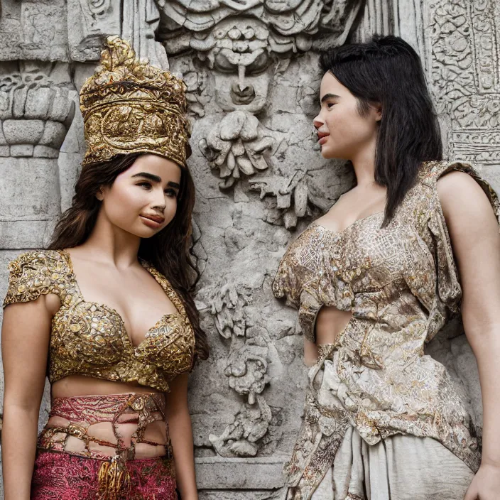 Image similar to photograph of a bas relief of demi rose and emilia clarke wearing kebaya found in an ancient hindu temple, by charlotte grimm, natural light, detailed face, canon eos c 3 0 0, ƒ 1. 8, 3 5 mm, 8 k, medium - format print, half body shot