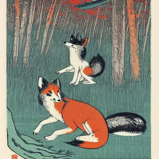 Prompt: foxes partying in a forest rave by hokusai and hiroshige