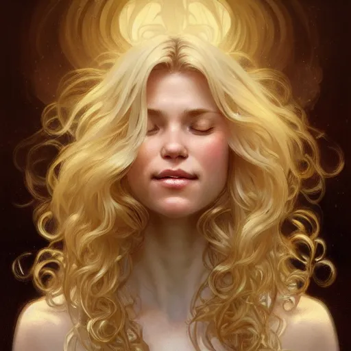 Prompt: A pregnant blond woman with closed eyes smiling, very detailed face, long fluffy curly blond hair, light blond hair, gorgeous, beautiful, intricate, highly detailed, digital painting, artstation, concept art, sharp focus, illustration, art by greg rutkowski and alphonse mucha