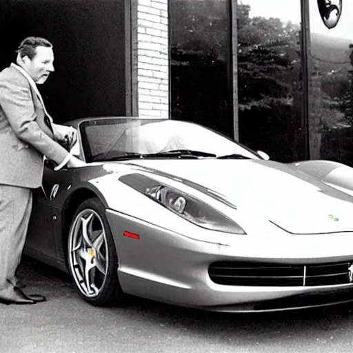 Prompt: man licking a Ferrari in front of the salesman, old school