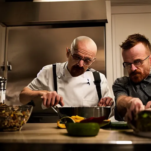 Prompt: walter white and jesse pinkman cooking dinner, high resolution, dslr photo, shot on nikon d 3 2 0 0