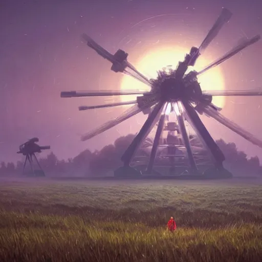 Image similar to giant mech stands over hay field by simon stalenhag, atmospheric haze, children in white jackets below look up, misty blue hour, sci fi digital painting, unreal engine 5, photorealism, hd quality, 8 k resolution, cinema 4 d, 3 d, cinematic, professional photography, art by artgerm and greg rutkowski and alphonse mucha and loish and wlop