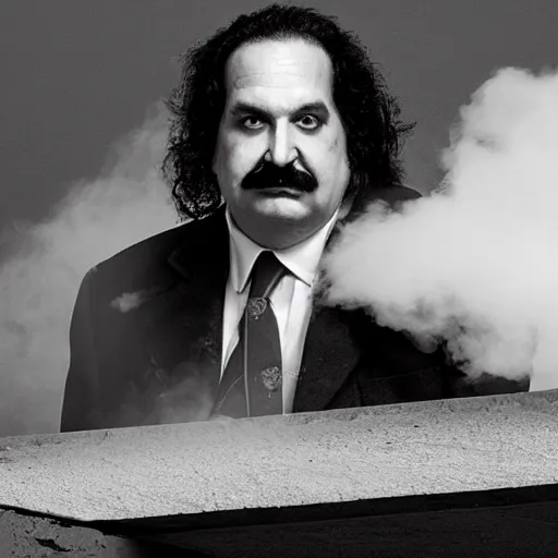 Image similar to Ron Jeremy on top of a roof exhaling smoke, moody, atmospheric