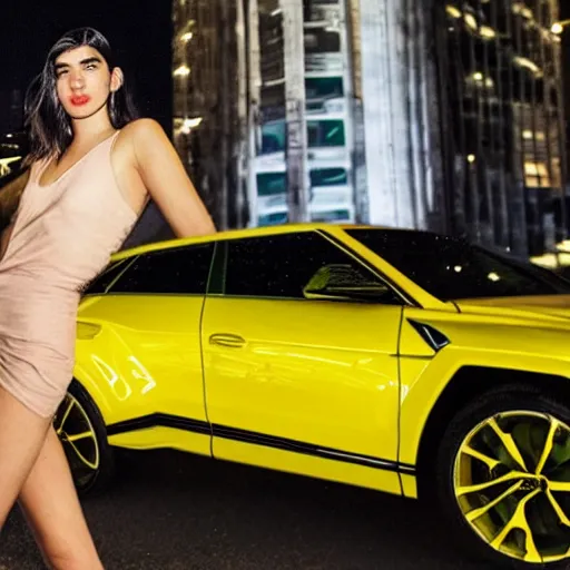 Prompt: dua lipa seen by paparazzi in london at night getting out of a yellow lamborghini urus, ultra realistic, photorealistic, ultra detailed