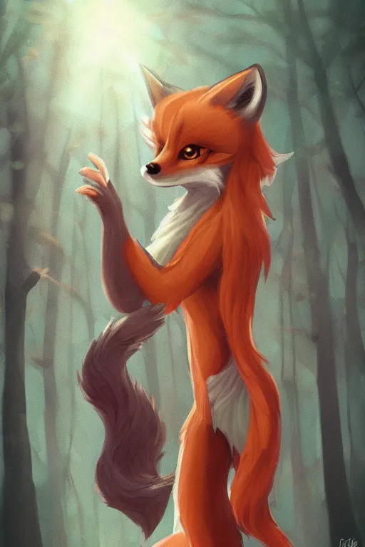 Image similar to a pretty medieval anthropomorphic fox with a fluffy tail in the forest, comic art, trending on furaffinity, cartoon, kawaii, backlighting, furry art!!!, radiant light, bokeh, trending on artstation, digital art