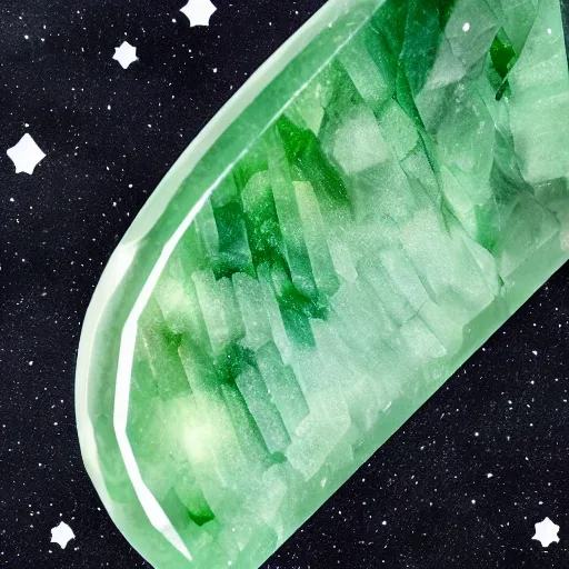 Prompt: picture of green jade cut in half showing crystals with stars in night sky 4k