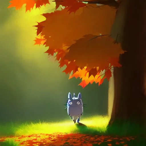 Prompt: goro fujita ilustration an autumn forest with large trees and light coming through the leaves | totoro walking, painting by goro fujita, sharp focus, highly detailed, artstation