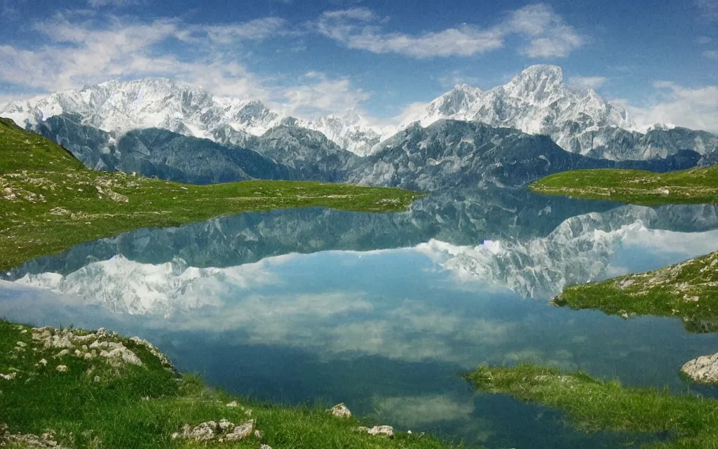 Image similar to the alps and reflection in a lake in the style of georgia o keefe