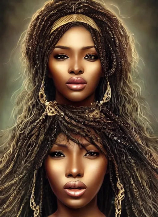 Image similar to a beautiful african woman, 8 k, hyperrealistic, hyperdetailed, beautiful face, long hair windy, dark fantasy, fantasy portrait by laura sava