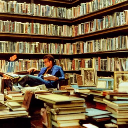 Prompt: a library in the bladerunner movie, a few people reading books, photo, high resolution, high detail,