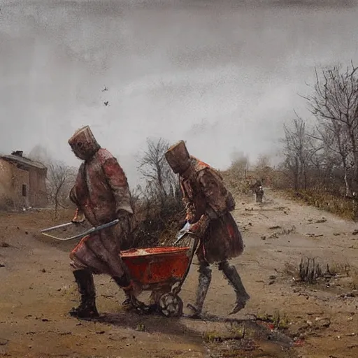 Image similar to painting by jakub rozalski of a person walking with a wheelbarrow in an abandoned post soviet town infested with root monsters