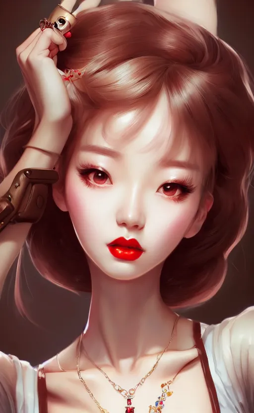 Image similar to a pin up and beautiful fashion charming dreamlke korea girl with lv jewelry, character art, art by artgerm lau and kyoung hwan kim and and ilya kuvshinov and john singer sargent, hyperdetailed, 8 k realistic, symmetrical, frostbite 3 engine, cryengine, dof, trending on artstation, digital art