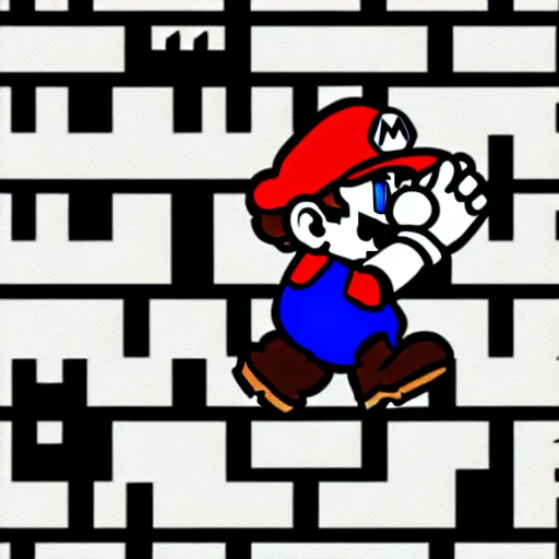 Image similar to mario 3 nes fan art, hd, 8 k, giant, epic, realistic photo, unreal engine, stone walls, prayer, powerful, cinematic lighting, small blobs, dungeon, violent, friendly, ray tracing, dynamic, epic composition, bright, fantastic, amusing, funny, monochrome drawing