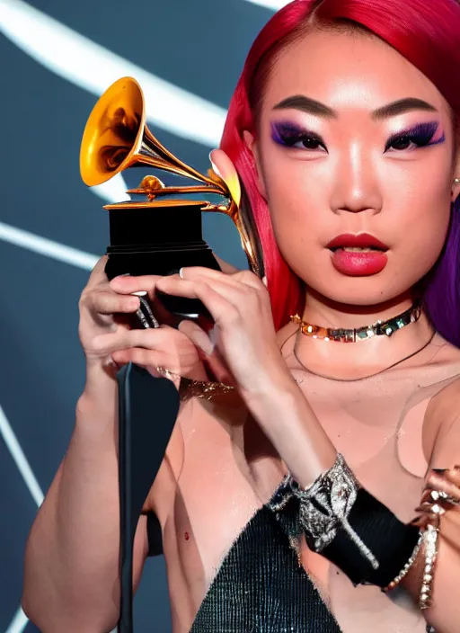 Image similar to rina sawayama winning a grammy award, red weapon 8 k s 3 5, cooke anamorphic / i lenses, highly detailed, cinematic lighting