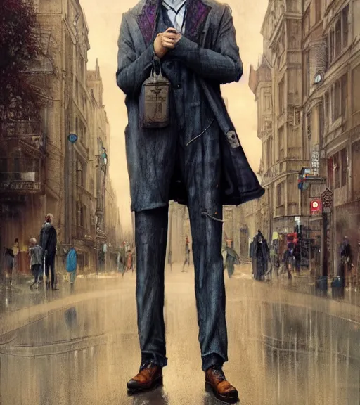 Image similar to techno sherlock holmes standing in a city square, soft colours, detailed, digital art, hd, by tom bagshaw, by fintan magee, by raymond swanland