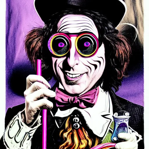 Prompt: graphic illustration, creative design, willy wonka as alice cooper, biopunk, francis bacon, highly detailed, hunter s thompson, concept art