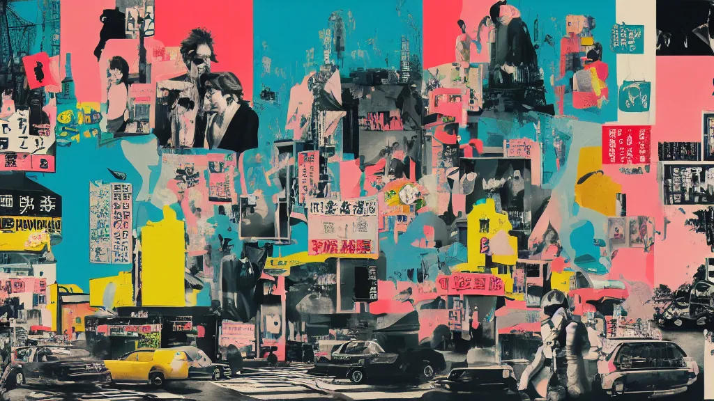 Image similar to pop culture mecca, japan, a collage painting, in the style of wes anderson, lola dupre, david hockney, isolated on negative white space background dark monochrome neon fluorescent spraypaint accents volumetric octane render