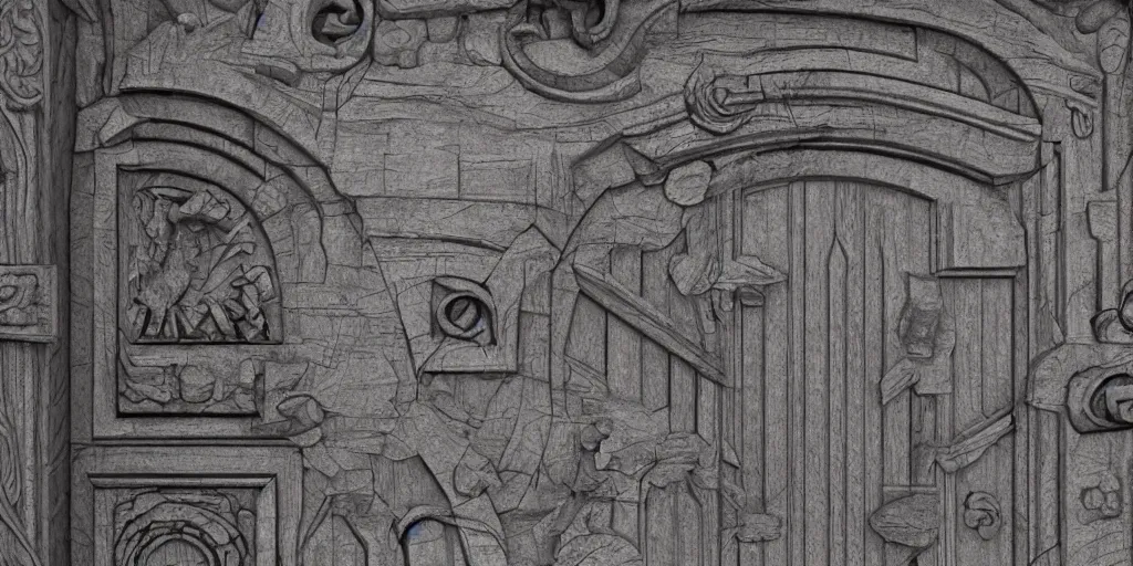 Image similar to 3 d render of a mystical door, ultra detailed with carved stone