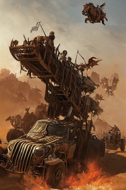 Image similar to Mad Max reimagined in the baroque era, catapult, horses, orchestral band on a wagon, hearthstone art style, epic fantasy style art by Craig Mullins, fantasy epic digital art, epic fantasy card game art by Greg Rutkowski