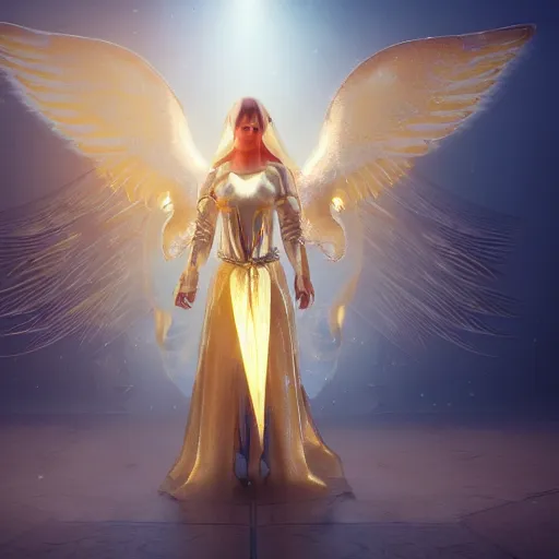 Image similar to Angel in white linen, golden armor, glowing sword in hand, translucent wings, concept character, beautiful, stunning, gold mist, radiating power, energy, god rays, luminescence, fractal, photography, unreal engine, 8k