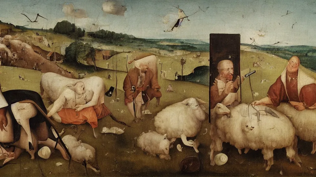 Prompt: A butcher and sheep taking a selfie smiling, in the fashion of Hieronymus Bosch, oil on canvas, painting, 4k, wide shot