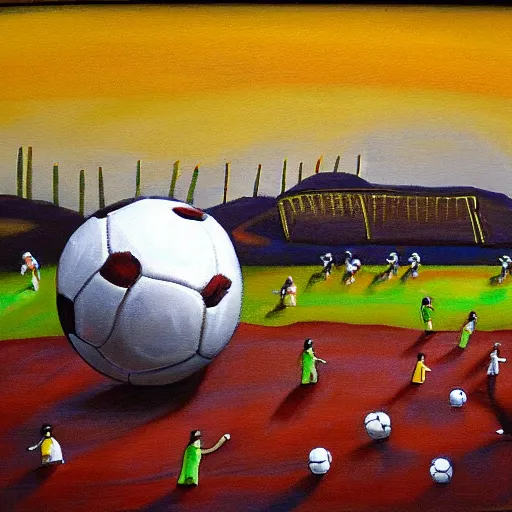 Prompt: painting of soccer game played by cows