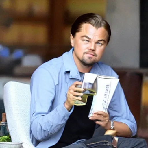 Prompt: Leonardo DiCaprio drinking wine and reading the news photo