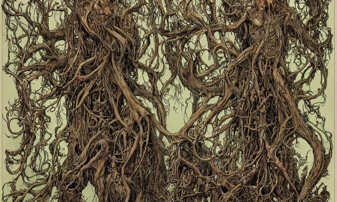 Image similar to hyperdetailed art nouveau portrait of treebeard and old groot as a cthulhu eyeball moose skull wendigo swamp thing creatures, by michael kaluta, pushead and bill sienkiewicz, photorealism, claws, skeleton, antlers, fangs, forest, wild, bizarre, scary, lynn varley, lovern kindzierski, steve oliff