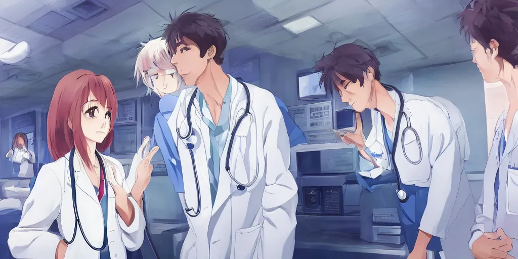 Image similar to a cute and beautiful young female doctor wearing white coat are talking with a handsome young man wearing white coat in a hospital ward, highly detailed, digital painting, slice of life anime, illustration, anime scenery by Makoto shinkai